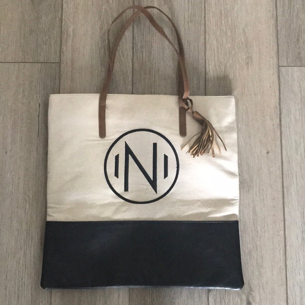 MUD PIE “N” Large Canvas Tote Bag Natural & Black